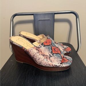 Jessica Simpson Pink and Red Snakeskin Wedges